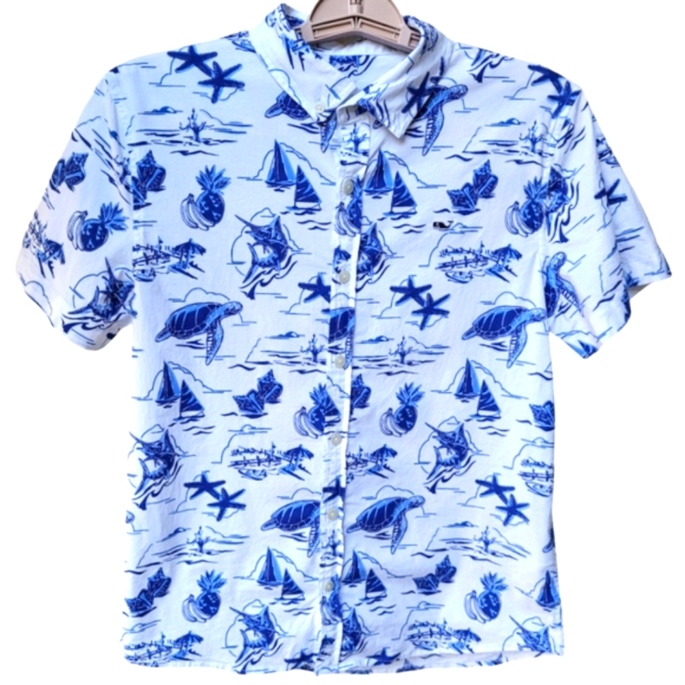 Vineyard Vines Harbor Icons Short Sleeve Button Down Shirt Size 16 Boys